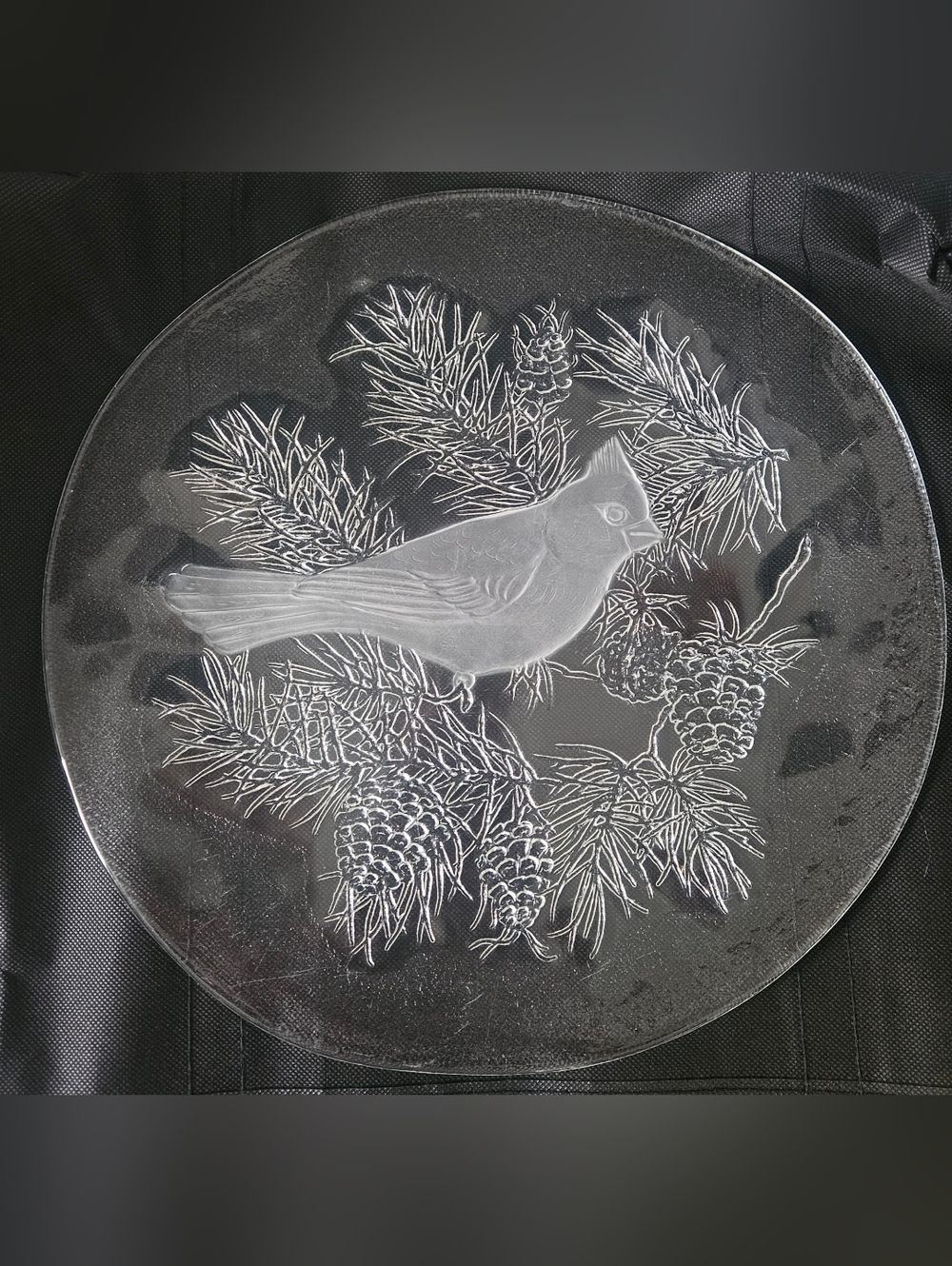 Smith Glass Vintage Frosted Cardinal Bird in Pine Tree 13" Serving Plate